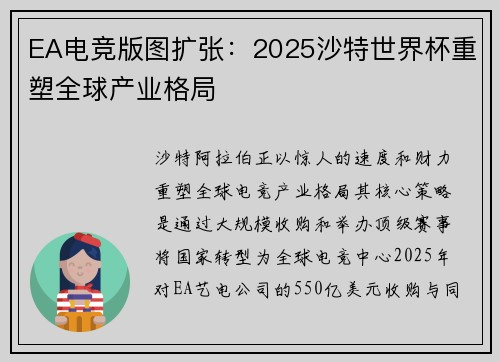 EA电竞版图扩张：2025沙特世界杯重塑全球产业格局